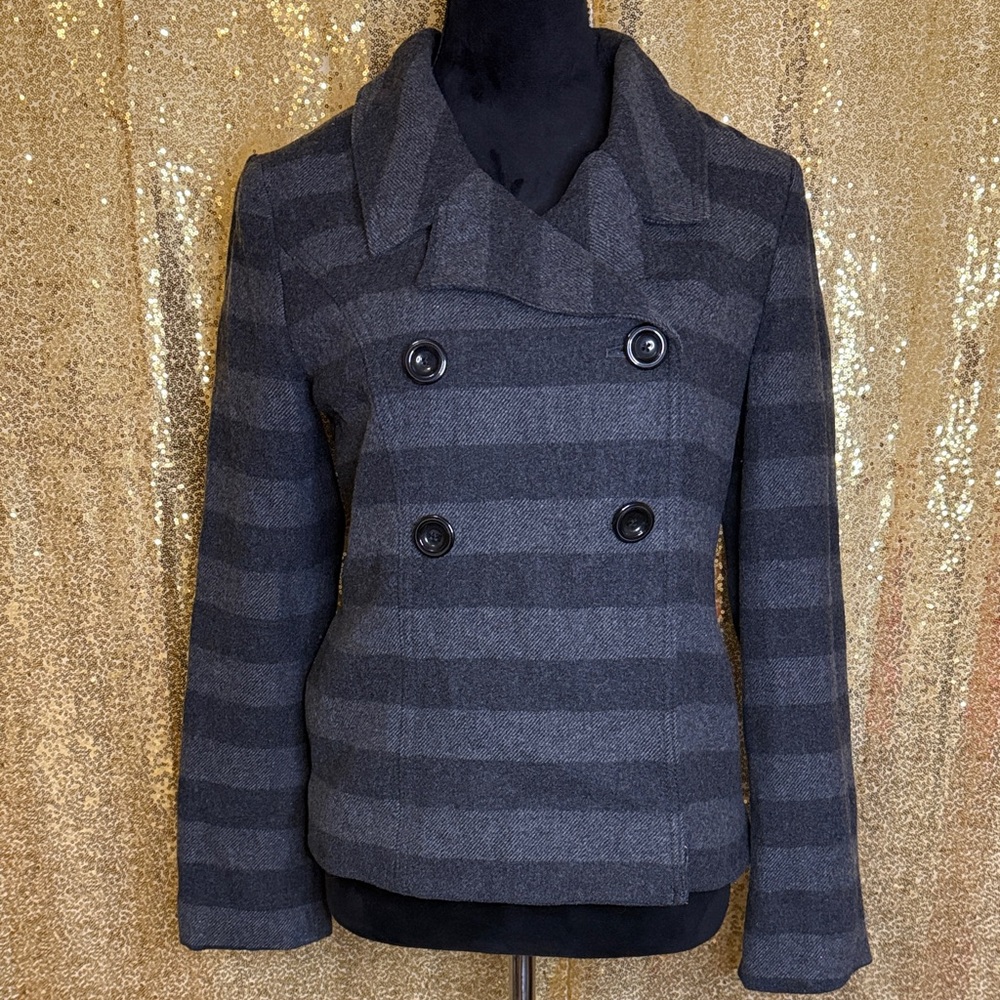GAP Women's Charcoal and Black Striped Double-breasted Peacoat